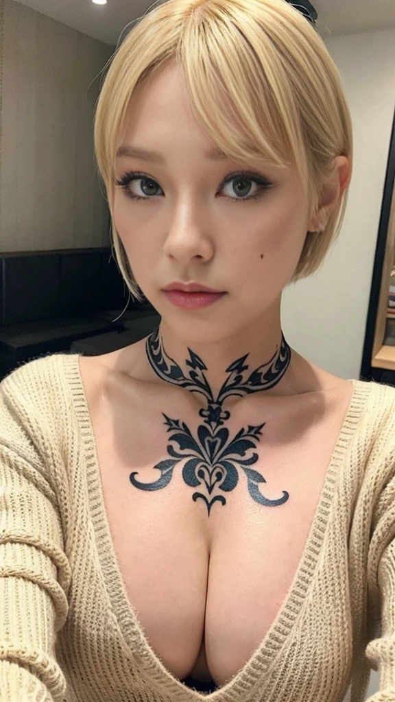 (Highest quality, 8k, 32K, Tabletop, Hmph: 1.2), Japanese Beauty, Small breasts,Blonde、 Very Short Hair, Upper Body, ((Face Focus)), sweater, background, Heavy makeup、((Tattoo)),Cleavage、((Heavy makeup))、