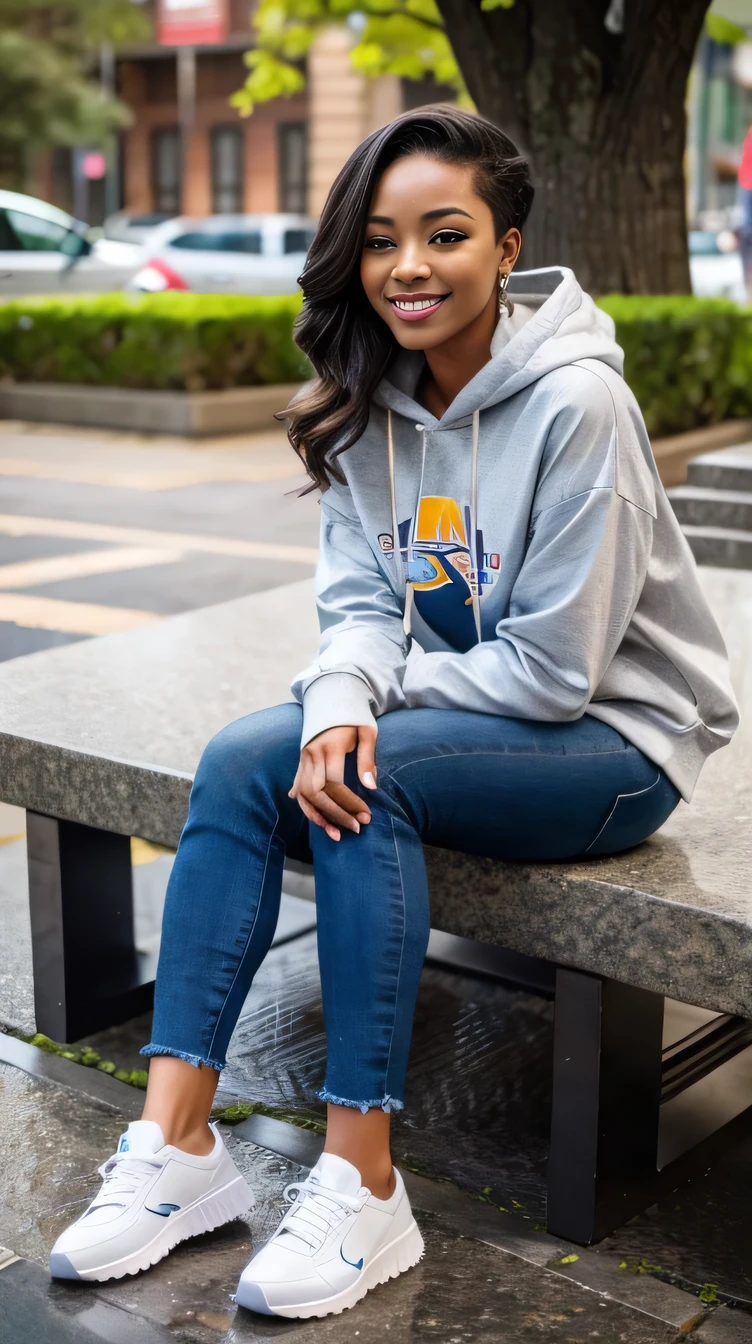 Super Resolution、Beautiful Black Woman、Full body photo、sitting on a park bench、Short Haircut、ear piercing、necklace、hoodie、Skinny jeans、sneakers、、smile、Beautiful teeth alignment