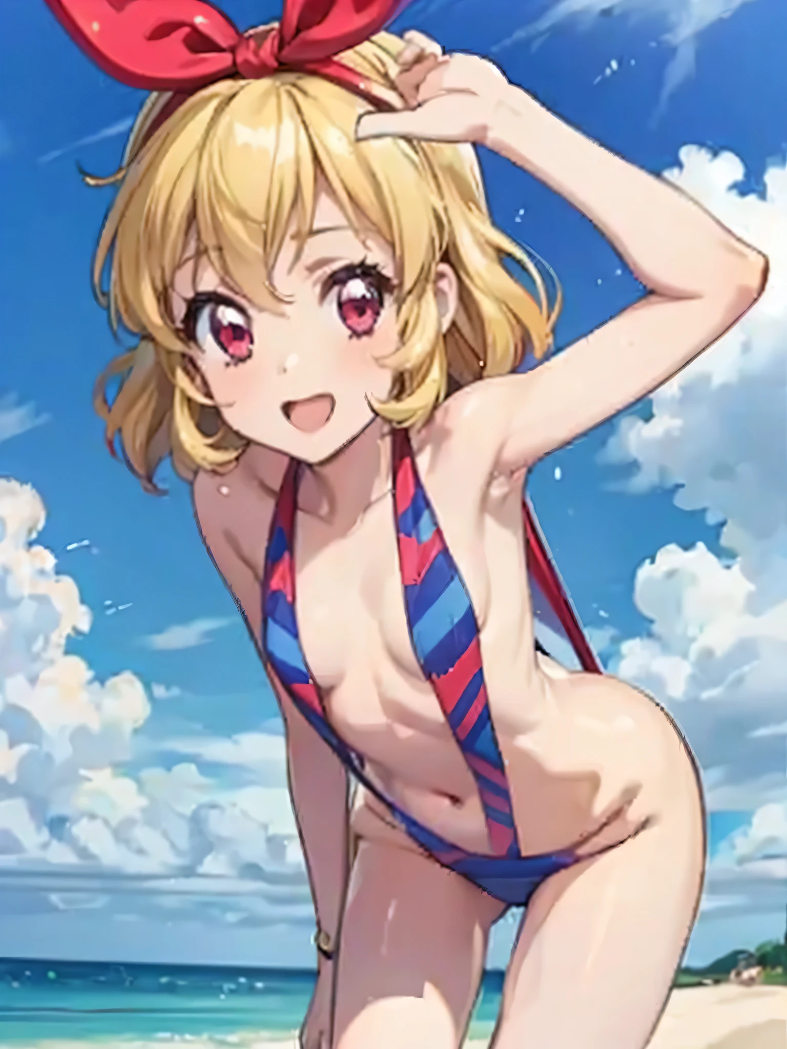 a female anime character has her tits out while in the ocean water, 1girl, sakurai momoka, squatting, blonde hair, swimsuit, solo, outdoors, RED eyes, navel, sky, barefoot, day, looking at viewer, beach, blush, cloud, , anus, blue sky, slingshot swimsuit, ocean, tiptoes, hairband, spread legs
