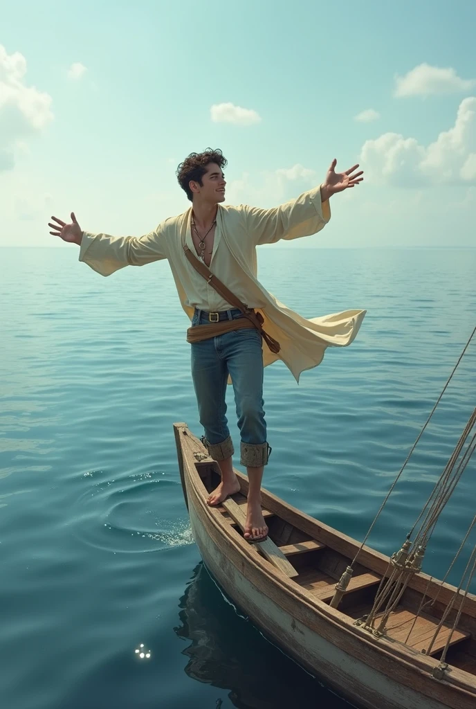 A young man with open arms on the edge of a boat SIDEWAYS! in the middle of the sea feeling the wind.