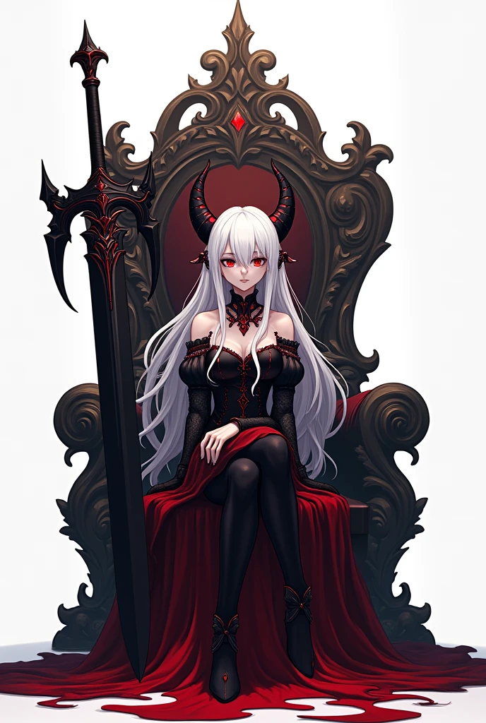 Demon anime girl with long white hair and red eyes sitting on a demon throne with a large sword and the background of the image being white
