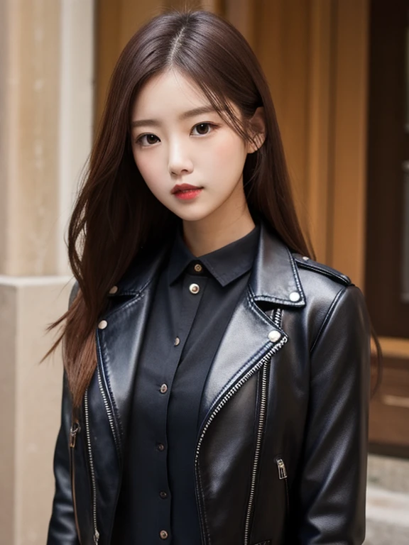 Cute Face, Nice face, Girly face, Black Leather Jacket, Cowboy Shot,