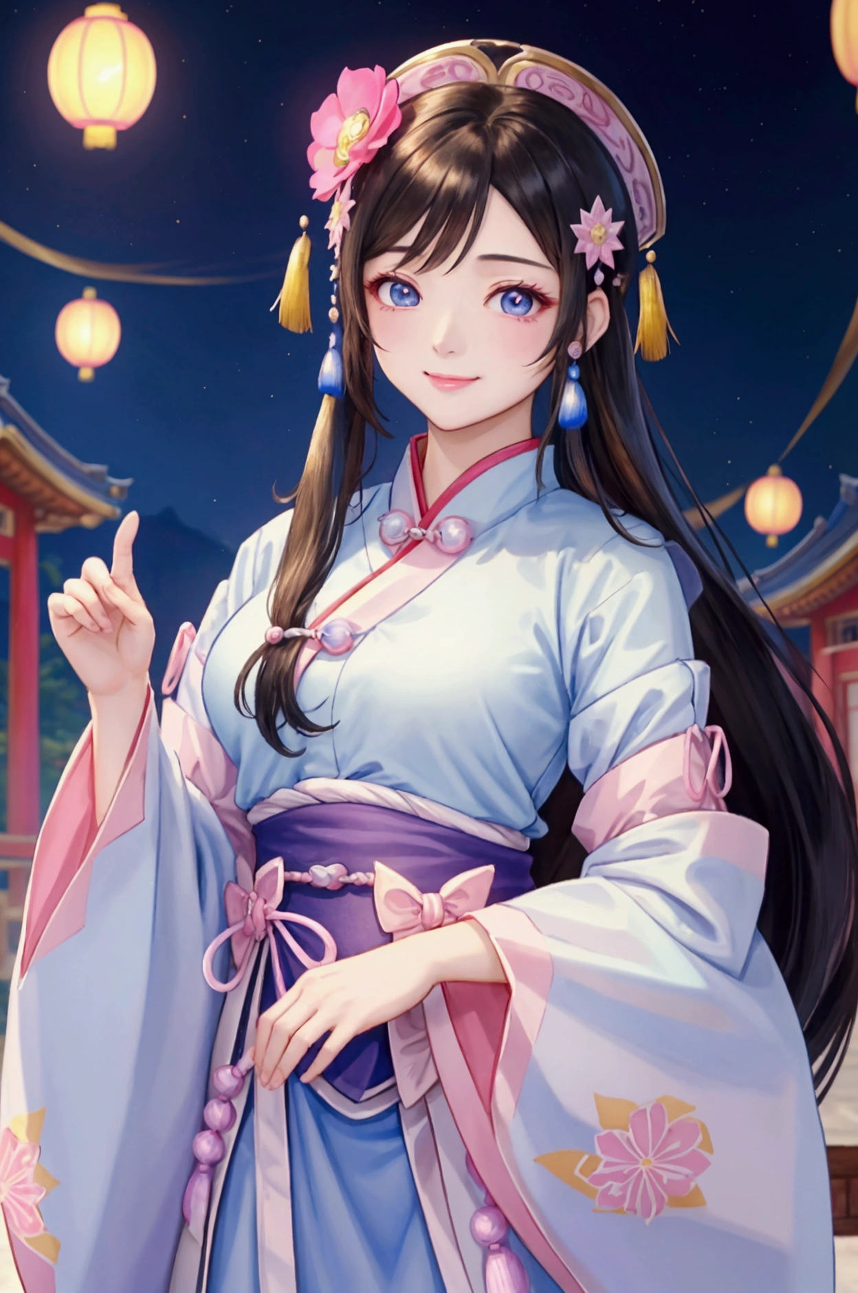 (Highest quality、 8k 、masterpiece、High resolution)、(Chinese Drama、Changgexing、Li Changge、Dililaba)、Tang Dynasty、Changan、1 Female、Beautiful young person、blue eyes、Pretty lips、Hairpin、gem、decoration、(Noble Princess)、(Anime Beauty)、(Anime Art)、Smiling and posing happily、Bright atmosphere、Light colored long hair、Light pink Hanfu、古いChanganの街並み、Tang Dynasty Buildings、Tang Dynasty Buildings、Official Art、Detailed CG、
