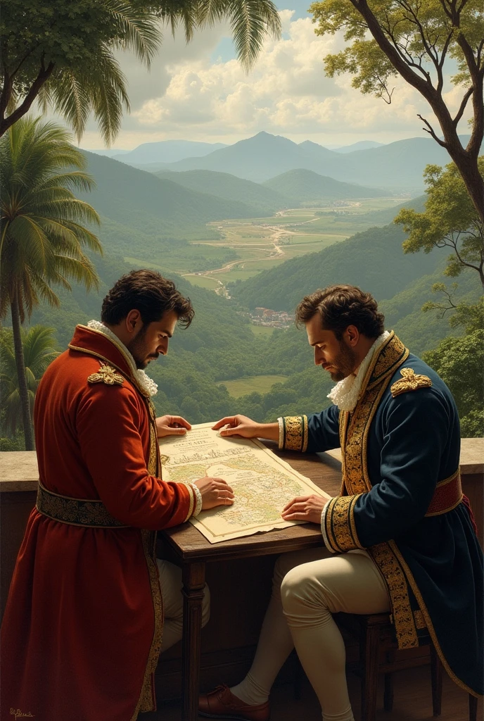 Two noble men in costumes from the time of the hereditary captaincies sitting looking at land in Brazil