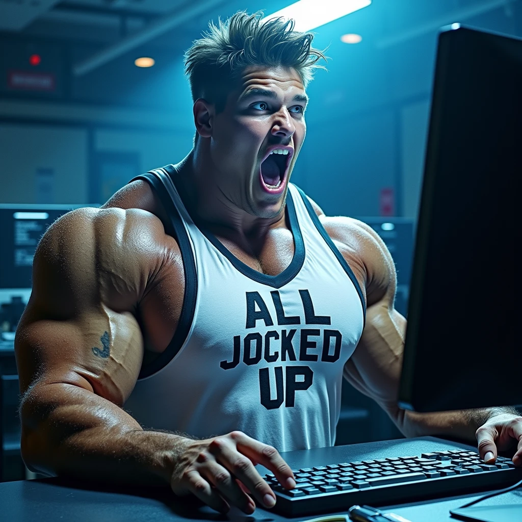 A hyper muscular sweaty male college student wearing a shirt that says ALL JOCKED UP sits in front of a monitor in a dark computer lab at night staring vapidly over the glowing screen shining light on his face as his mouth hangs completely open and he is hypnotized and brainwashed to be a big dumb stereotypical bodybuilder football jock with glowing eyes. Repeating mantras to meet their goal to be big dumb muscular sweaty bodybuilder bros. Saying, "Must be big.... Must be dumb.... Big dumb jock.... I ... must become.... Uhhhhhh ... uh ... I'm all jocked up, bro. Jocks are big. Jocks are dumb. Must be big.... Must be dumb...." Big biceps. Big triceps. Big traps. Broad shoulders. Broad chests. Hyper thick meaty pecs. IQ drain. Hyper bulging crotch. Dumber and dumber. hypnosis. hypnotized. Brainwashing. Brainwashed. mindless. entranced. Enthralled. Meathead. Musclehead. Meatheadosis. Flexing. Photo manipulation. Covered in sweat.