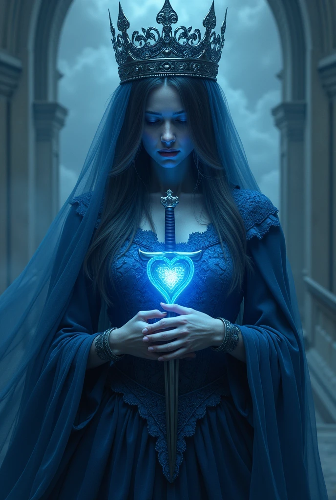 Make the Queen of Spades from Playing Cards, a queen of blue tones but sad with swords stuck in her heart 