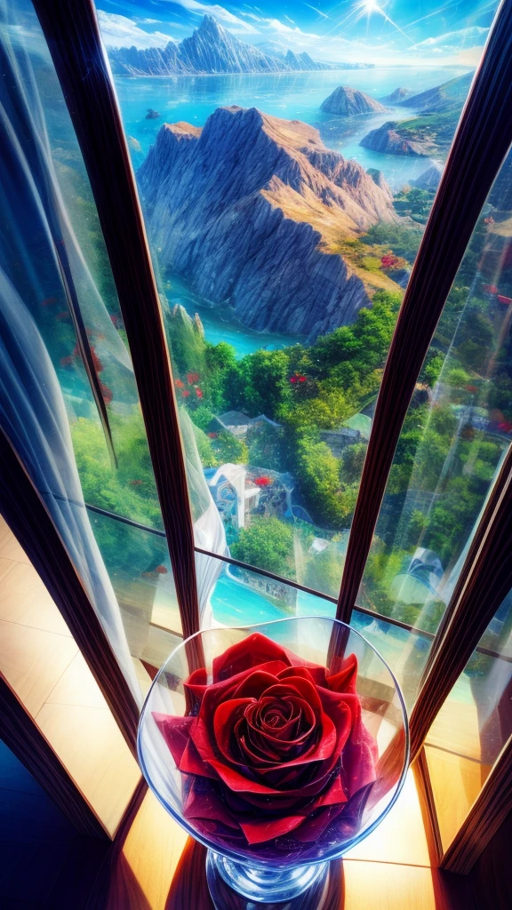 Sunlight in the crystal glass on the seaside, With mountains as a backdrop, Regular classical shaped glass, Open from above, hereinafter, next to glass, It's a red rose, High quality realistic photography