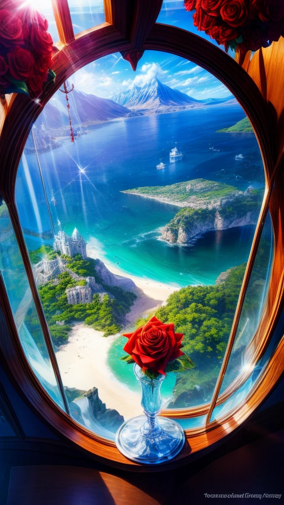 Sunlight in the crystal glass on the seaside, With mountains as a backdrop, Regular classical shaped glass, Open from above, hereinafter, next to glass, It's a red rose, High quality realistic photography