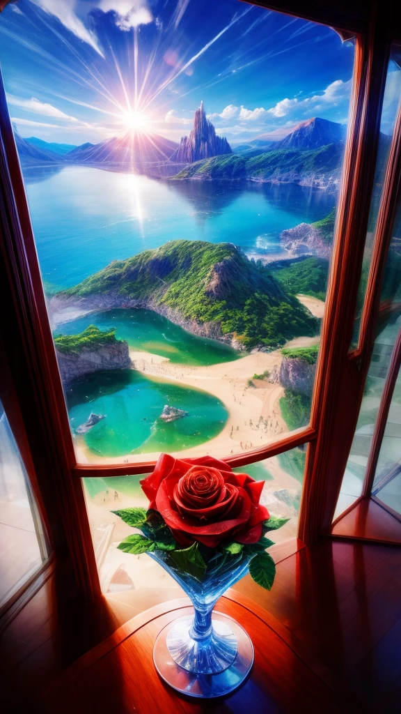 Sunlight in the crystal glass on the seaside, With mountains as a backdrop, Regular classical shaped glass, Open from above, hereinafter, next to glass, It's a red rose, High quality realistic photography