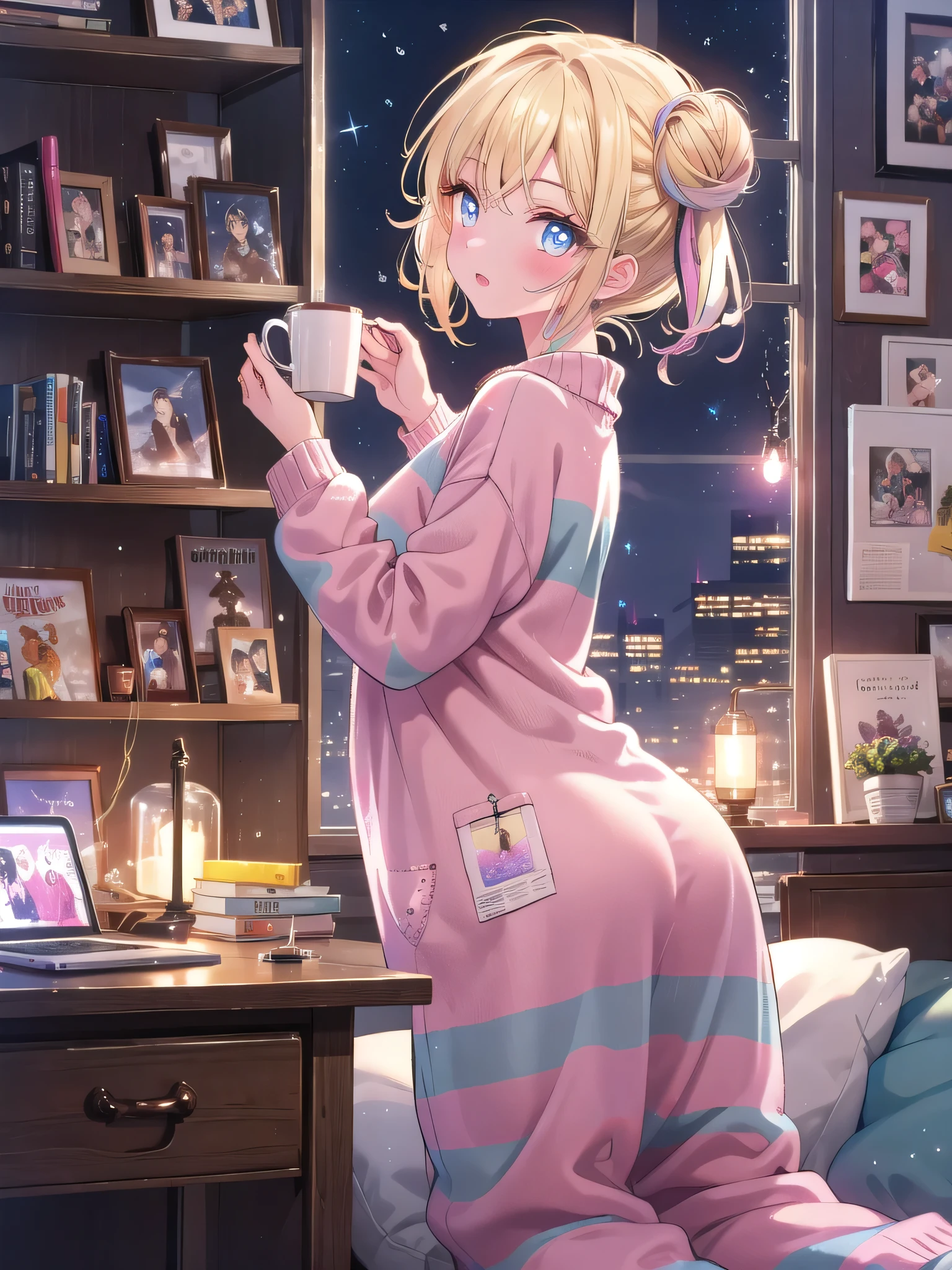 ((8k, Highest quality, masterpiece: 1.3)),Ultra-high resolution,(1 girl, alone), (Color changing eyes, Ultra-detailed, Expressive brilliance, Glitter, Glowing Eyes), Highly detailed eyes, Highly detailed face, Random Hair, ((pastel colour)),A relaxed young woman with pastel yellow hair styled into two buns, sitting at her desk in her room during the late evening. She is casually scrolling through a cosplay website on her laptop while enjoying a cup of hot chocolate. She is dressed in a cozy, oversized sweater and pajama pants, representing a casual “day off” cosplay. The camera captures her from a side angle as she leans back in her chair, her expression content and relaxed. Her room is warmly lit by a desk lamp, with posters of her favorite shows and movies on the walls, a bookshelf filled with cosplay magazines, and a few plush toys scattered around, creating a cozy, lived-in feel.(nsfw1:1)