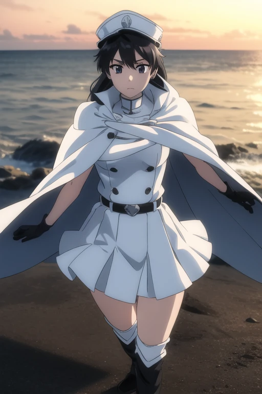 bambietta, bambietta basterbine, long hair, black hair, (black eyes:1.5), (medium breast:1.2),
BREAK skirt, gloves, boots, belt, cape, cloak, white cloak, hat, cap,
BREAK looking at viewer,
BREAK outdoors,
BREAK (masterpiece:1.2), best quality, high resolution, unity 8k wallpaper, (illustration:0.8), (beautiful detailed eyes:1.6), extremely detailed face, perfect lighting, extremely detailed CG, (perfect hands, perfect anatomy),