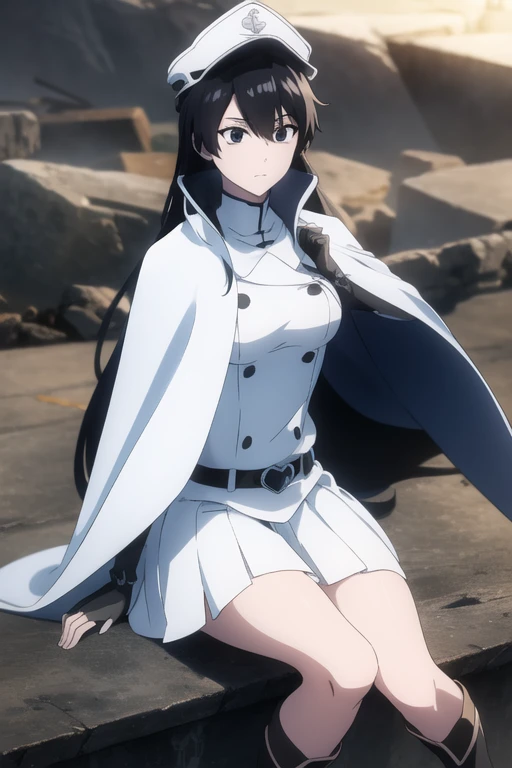 bambietta, bambietta basterbine, long hair, black hair, (black eyes:1.5), (medium breast:1.2),
BREAK skirt, gloves, boots, belt, cape, cloak, white cloak, hat, cap,
BREAK looking at viewer,
BREAK outdoors,
BREAK (masterpiece:1.2), best quality, high resolution, unity 8k wallpaper, (illustration:0.8), (beautiful detailed eyes:1.6), extremely detailed face, perfect lighting, extremely detailed CG, (perfect hands, perfect anatomy),