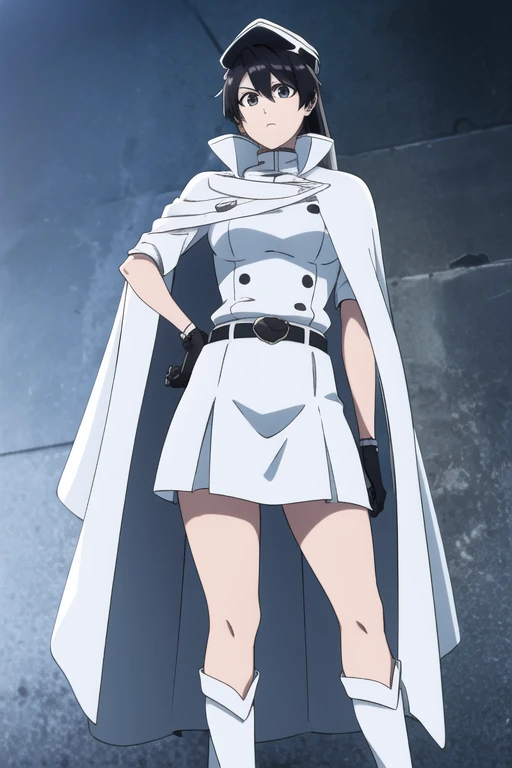 bambietta, bambietta basterbine, long hair, black hair, (black eyes:1.5), (medium breast:1.2),
BREAK skirt, gloves, boots, belt, cape, cloak, white cloak, hat, cap,
BREAK looking at viewer,
BREAK outdoors,
BREAK (masterpiece:1.2), best quality, high resolution, unity 8k wallpaper, (illustration:0.8), (beautiful detailed eyes:1.6), extremely detailed face, perfect lighting, extremely detailed CG, (perfect hands, perfect anatomy),
