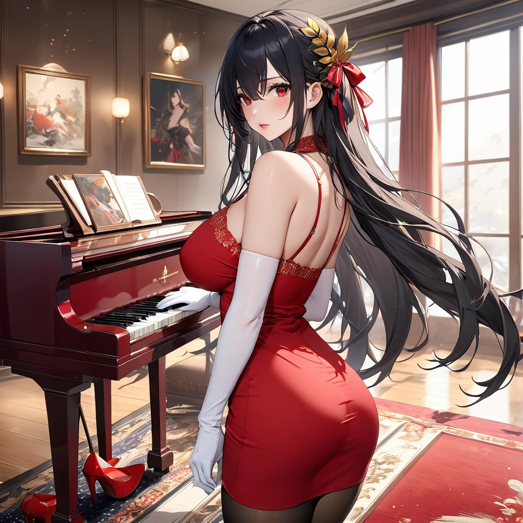A woman wearing red cami dress, exposed shoulder, golden put on with red ruby, long transparent black stockings, red heels, big breasts, black hair, long hair, golden olive leaf in her hair, standing in a large room, eyes red, red eyes, ruby eyes, perfect face, perfect lips, perfect eyes red luxury chair, piano in the living room, large luxury windows, perfect lighting, luxury wooden floor with carpet, artistic paintings on the wall, (Azur_lane, IJN_Taihou)UHD, masterpiece, accurate, anatomically correct, textured skin, super detail, high quality, best quality, 8k, high resolution, bokeh effect.(solo woman),white gloves, close view.