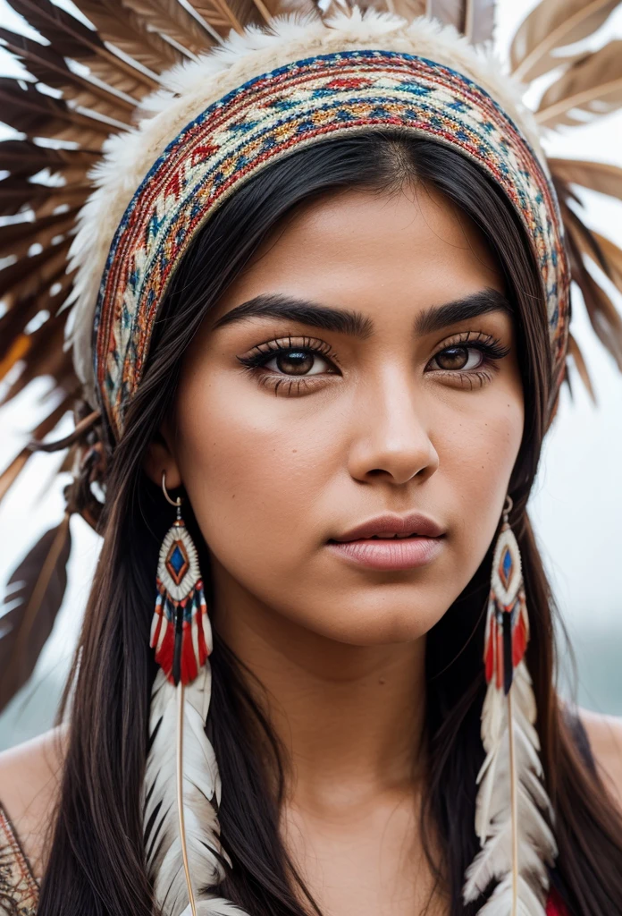 Artwork camera focused on the face of an American Indian woman with very large eyebrows and eyes, Perfect long eyelashes, thick split lips, perfect nose wears on his head a very perfect tuft of feathers, The background is a beautiful, very crystalline river.