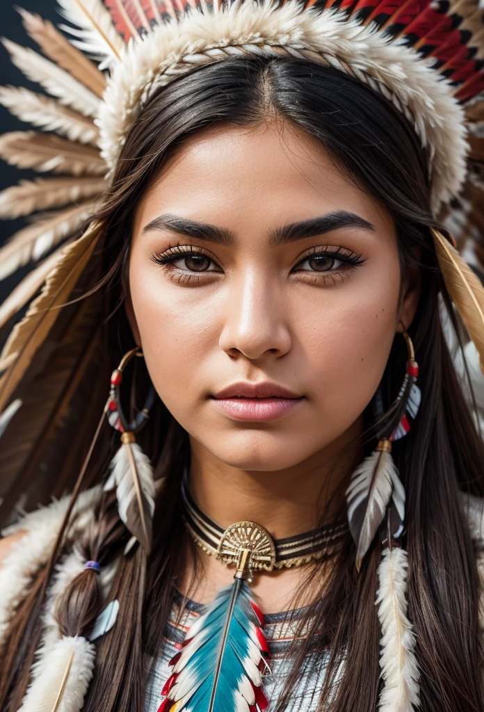 Artwork camera focused on the face of an American Indian woman with very large eyebrows and eyes, Perfect long eyelashes, thick split lips, perfect nose wears on his head a very perfect tuft of feathers, The background is a beautiful, very crystalline river.
