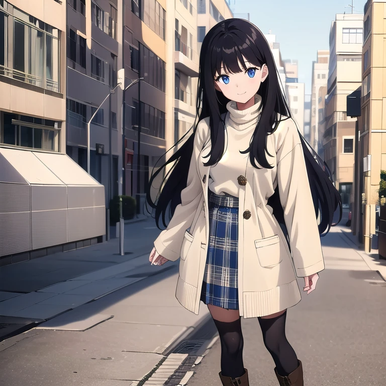 1girl,solo,smile,standing,long hair black hair, blue eyestwin tails, Cream or beige turtleneck - Plaid skirt - Chunky combat boots - Oversized cardigan - Dark floral patterns - Accessories with vintage vibes, perfect picture