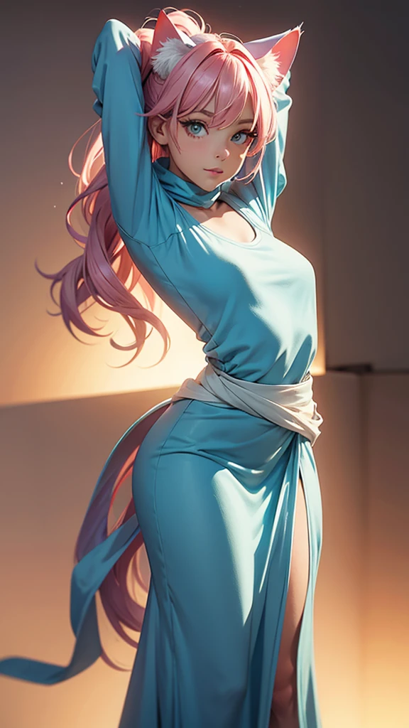 Pose: (best illustration,masterpiece:1.2),ultra-detailed,[(cat ears ,pink inside:1.2), standing with both arms gracefully stretched overhead, fingers slightly splayed or interlaced. Her body should be slightly arched, emphasizing the length and elegance of the stretch.
Expression: Serene and peaceful, with a soft, content smile 
Attire: Flowing, comfortable attire such as a light blue dress that complements the stretch.
Hair: Pink Styled naturally, with loose waves, a sleek ponytail, or straight hair cascading down her back.
Makeup: Soft and natural, with a glowing complexion that enhances her features without overpowering them.
Background: A minimalist setting such as a light-filled room, a tranquil outdoor space, or a simple, neutral backdrop that keeps the focus on the pose.
Lighting: Soft, natural lighting, preferably during golden hour, to create a warm glow and highlight the stretch.
Accessories: Minimal, allowing the focus to remain on the graceful pose. Simple jewelry or a delicate bracelet can add a touch of elegance.
Props: Optional, such as a flowing scarf or light fabric that moves with the stretch, adding a sense of fluidity.
Mood: Calm, graceful, and rejuvenated.