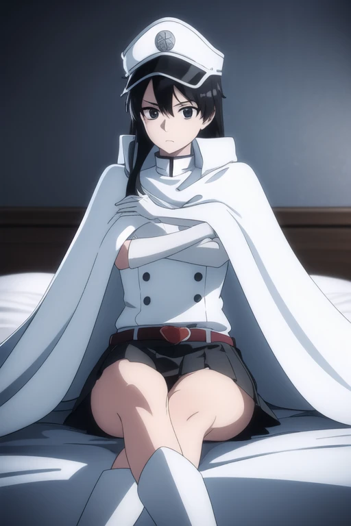 bambietta, bambietta basterbine, long hair, black hair, (black eyes:1.5), (medium breast:1.2),
BREAK skirt, gloves, boots, belt, cape, cloak, white cloak, hat, cap,
BREAK looking at viewer,
BREAK (masterpiece:1.2), best quality, high resolution, unity 8k wallpaper, (illustration:0.8), (beautiful detailed eyes:1.6), extremely detailed face, perfect lighting, extremely detailed CG, (perfect hands, perfect anatomy), bedroom, sitting