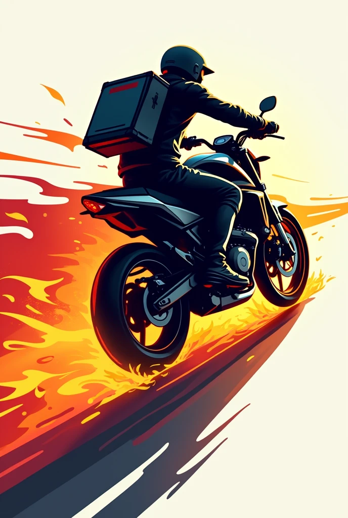 Logo for delivery man riding a motorcycle goes so fast that he throws fire and carries his backpack so that it can be seen from the side