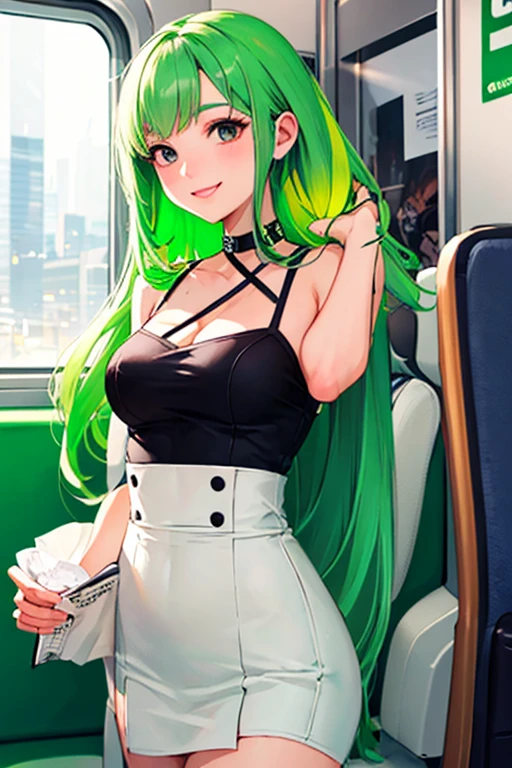 ((masterpiece)), (((best quality))), chromatic lighting,
colorized, green + white limited color palette, 
detailed concept drawing,
Street Fashion, on a train,
portrait, 20yo 1girl, medium soft breasts, slender, long green hair, black eyes, smiling