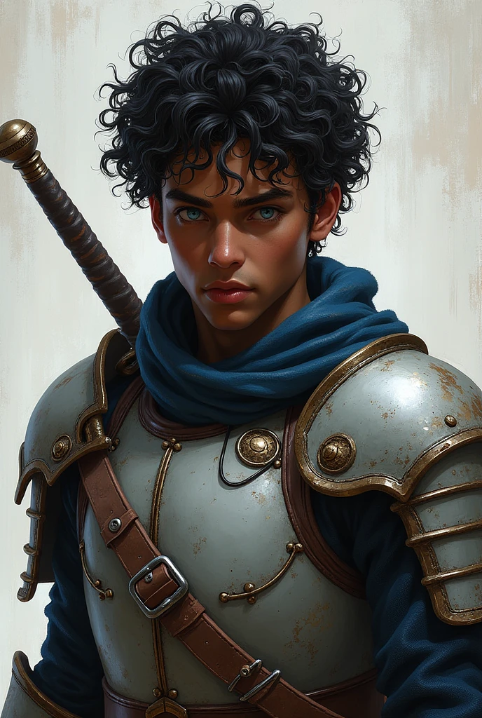 realist, Young man, delgado, Dark skin, black curly hair, expressive blue eyes, light leather and metal armor, sword, analytical look, hyper detailed