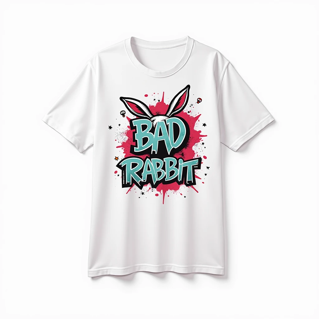 a bold graffiti-style font,bad rabbit,distressed texture,small star symbols,small skull symbols,scattered around text,highly detailed,vibrant colors,urban style,grungy,rough edges,dynamic composition,street art