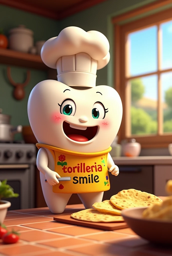 Create an image of an animated tooth wearing a chef's hat and an apron that says tortilleria smile in Spanish cooking tortillas in a kitchen