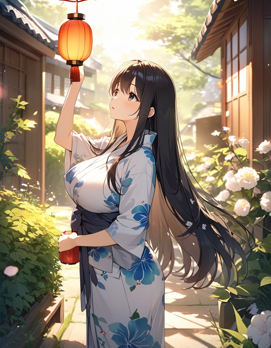 Girl,cute,cute,Straight Hair,Long Hair,Black Hair,big breast photos,yukata,Are standing,morning,sunny,Holding a Bon Festival lantern,Looking up at the sky,From the chest up,garden
