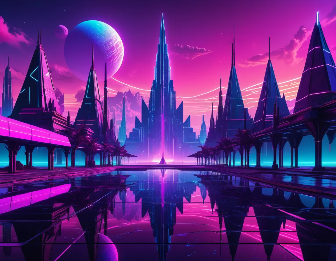 “Create a futuristic, neon-lit landscape with geometric structures and a reflective surface. Include towering spires and pyramids against a vibrant, colorful sky featuring a planet. The scene should have a cyberpunk aesthetic with purple and pink hues, and intricate, glowing patterns.”