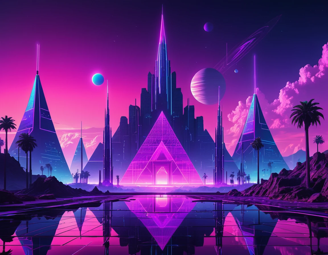 “Create a futuristic, neon-lit landscape with geometric structures and a reflective surface. Include towering spires and pyramids against a vibrant, colorful sky featuring a planet. The scene should have a cyberpunk aesthetic with purple and pink hues, and intricate, glowing patterns.”