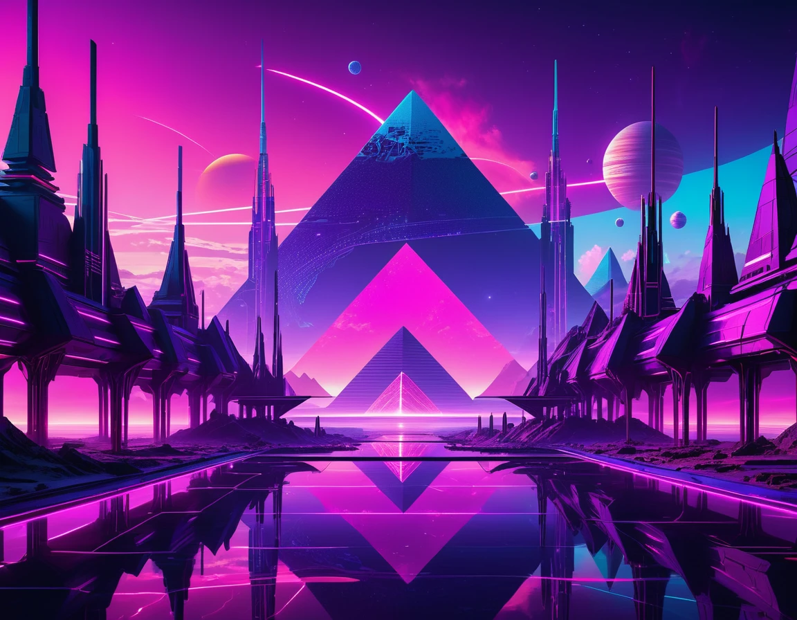 “Create a futuristic, neon-lit landscape with geometric structures and a reflective surface. Include towering spires and pyramids against a vibrant, colorful sky featuring a planet. The scene should have a cyberpunk aesthetic with purple and pink hues, and intricate, glowing patterns.”