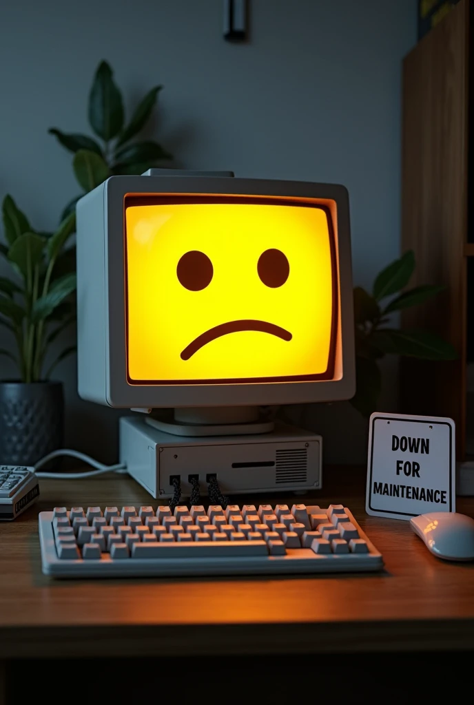 A computer with a sad yellow face on the screen, next to it lies a sign that says "Down For Maintenance", Workbench