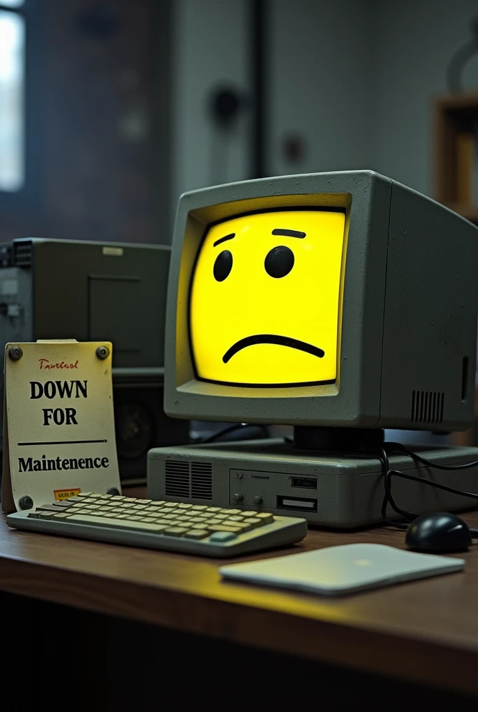 A computer with a sad yellow face on the screen, next to it lies a sign that says "Down For Maintenance", Workbench