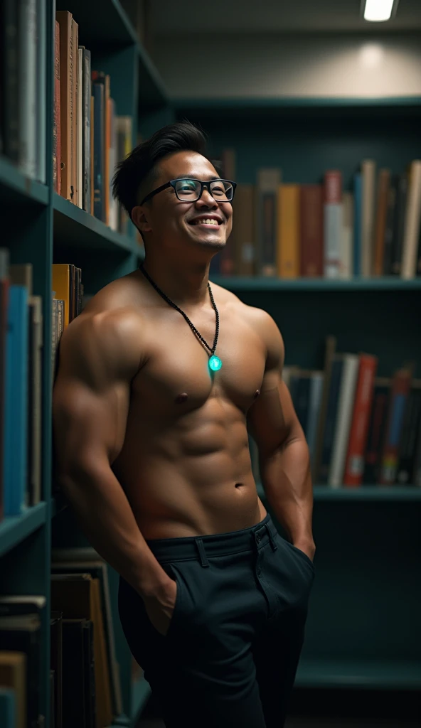 best quality, masterpiece, extremely detailed, masculine, 25 year old muscular bodybuilder filipino man, wearing glasses, round face with chubby cheeks, (muscular bodybuilder), very cheeky smile, fitted clothes, glowing quartz crystal pendant, leaning against bookshelf, reaching out one hand towards camera, in library, afterhours, lights off, at night, cinematic shadows, dreamy atmosphere, perfect face, perfect hands, perfection