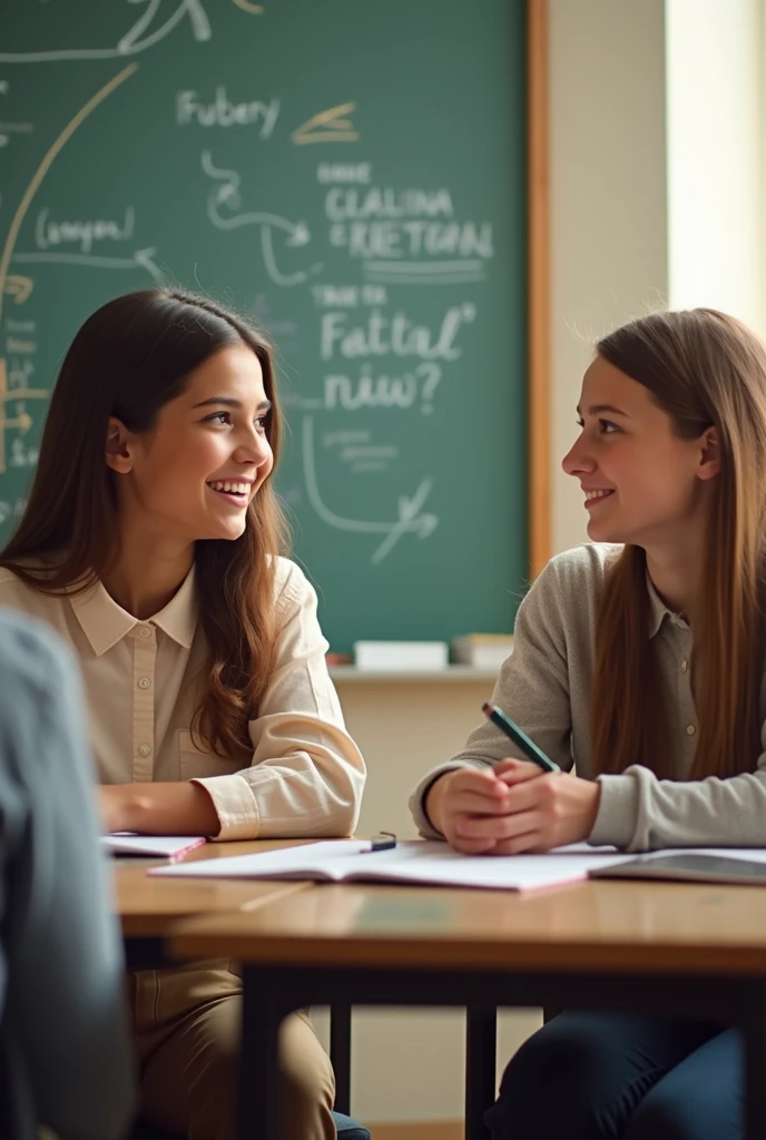 Create an image of two girls talking to a teacher about the groups they were assigned to