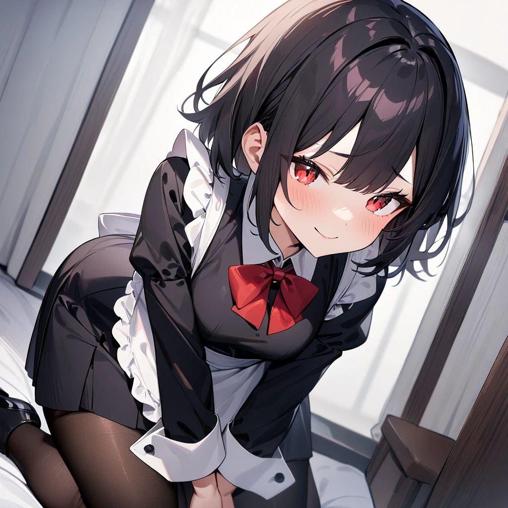 1girl,Solo,smile,blackhair,red eyes,purple and red,Maid,black skirt,red bow,black Shiny pantyhose,Large sleeves,masterpiece, best quality, very aesthetic, absurdres,pov Crotch,hands Between legs