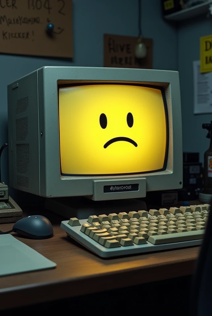 A computer with a sad yellow face on the screen, next to it lies a sign that says "Down For Maintenance", Workbench