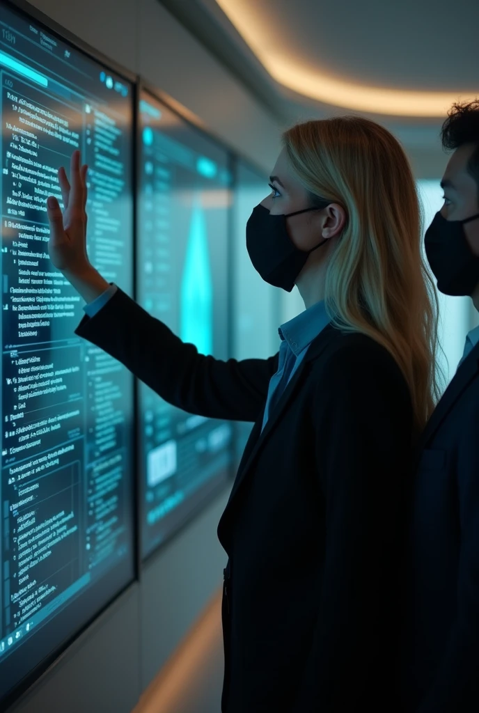 A blonde-haired woman in a black suit using a big screen to hack a bank, Next to her is a black-haired man in a suit, They both have a black mask