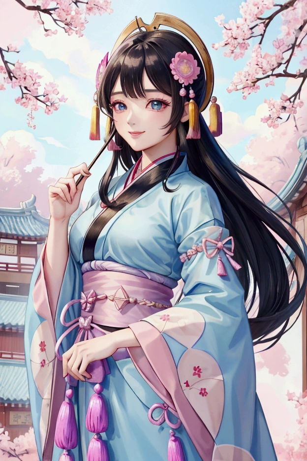 (Highest quality、 8k 、masterpiece、High resolution)、(Chinese Drama、Changgexing、Li Changge、Dililaba)、Tang Dynasty、Changan、1 Female、Beautiful young person、blue eyes、Pretty lips、Hairpin、gem、decoration、(Noble Princess)、(Anime Beauty)、(Anime Art)、Smiling and posing happily、Bright atmosphere、Light colored long hair、Light pink Hanfu、古いChanganの街並み、Tang Dynasty Buildings、Tang Dynasty Buildings、Official Art、Detailed CG、