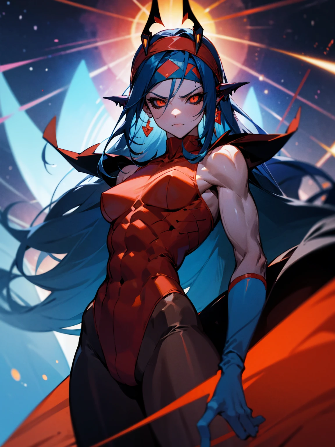 1male, red skin, antennae, black sclera. long blue hair, headband, super suit, tied to waist, oversized fur coat, serious, muscular, space ship, arms folded, facing viewer