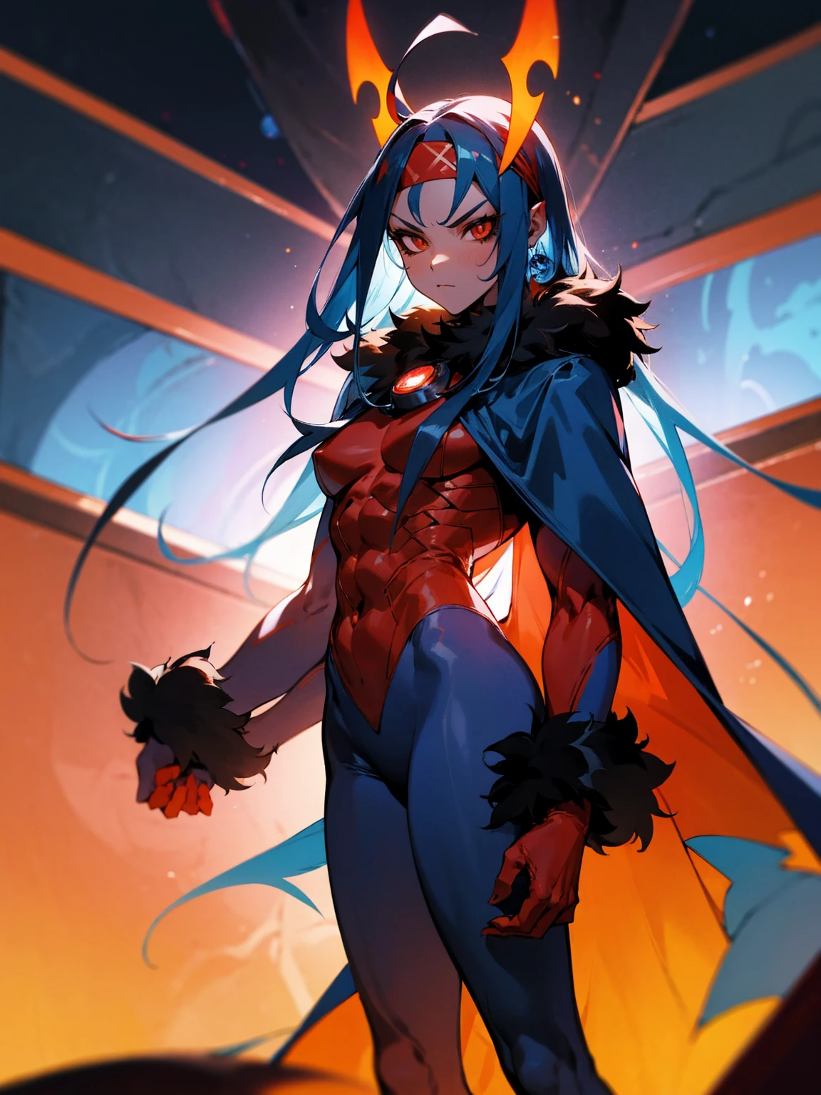 1male, red skin, antennae, black sclera. long blue hair, headband, super suit, tied to waist, oversized fur coat, serious, muscular, space ship, arms folded, facing viewer