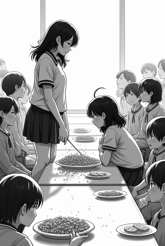 Drawing a black and white manga in a school cafeteria where a fat girl is bullied by a female friend who throws water on her food.