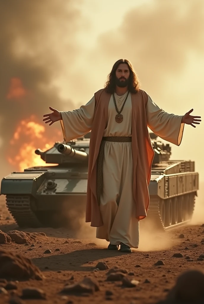 Jesus Christ stopping a battle tank and in the background a war scene, cinematic image, 8k, image 1920x780