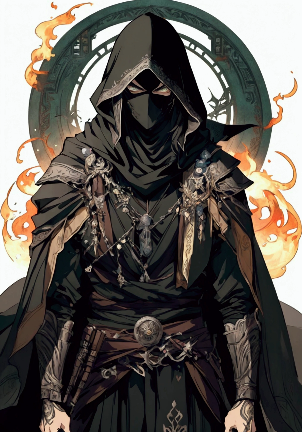 (Masterpiece), ((Highest Quality)),(Official Art),dark epic:1.2),(1 solo anime man: 1.3). A Middle-Eastern assassin man with spiky black hair, green eyes, tan skin, and covered face. He wears a white assassin robe, standing inside a temple surrounded by flames. Detailed picture. Detailed eyes. Masculine jaw. Soft fairytale picture Arthur Rackham-style. Colorful, best detailed ((super detailed)), (highly detailed 2D anime man illustration), ((dark and beautiful))