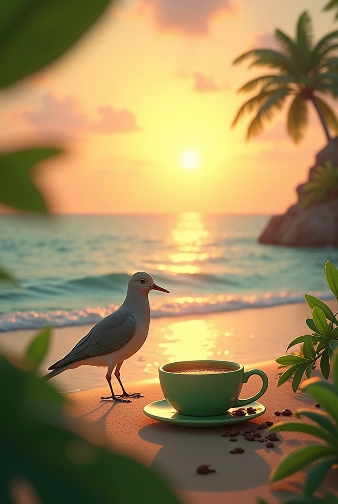 Sunrise bird beach coffee green cup chocolate plant's rain