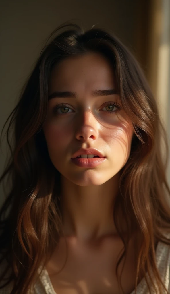 Generate a photorealistic image of a young Caucasian Christian woman influencer with long, wavy brunette hair and deep brown eyes, closed mouth, She’s standing still in a softly lit room, looking straight in front to the camera, with a melancholic expression. Tears are gently streaming down her cheeks, her lips slightly parted as she’s on the verge of singing. Her face reflects a deep sense of sorrow and introspection, as if she’s silently confessing her sins. The background is blurred, with soft, warm lighting creating a serene yet somber atmosphere. The image should capture the profound emotion of seeking forgiveness and renewal.
