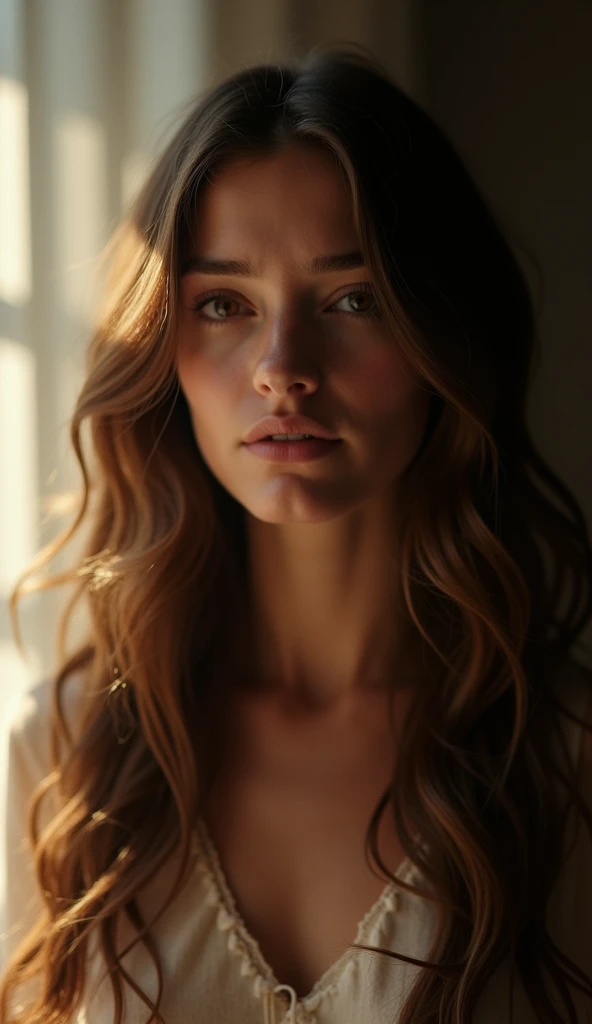 Generate a photorealistic image of a young Caucasian Christian woman influencer with long, wavy brunette hair and deep brown eyes, closed mouth, She’s standing still in a softly lit room, looking straight in front to the camera, with a melancholic expression. Tears are gently streaming down her cheeks, her lips slightly parted as she’s on the verge of singing. Her face reflects a deep sense of sorrow and introspection, as if she’s silently confessing her sins. The background is blurred, with soft, warm lighting creating a serene yet somber atmosphere. The image should capture the profound emotion of seeking forgiveness and renewal.