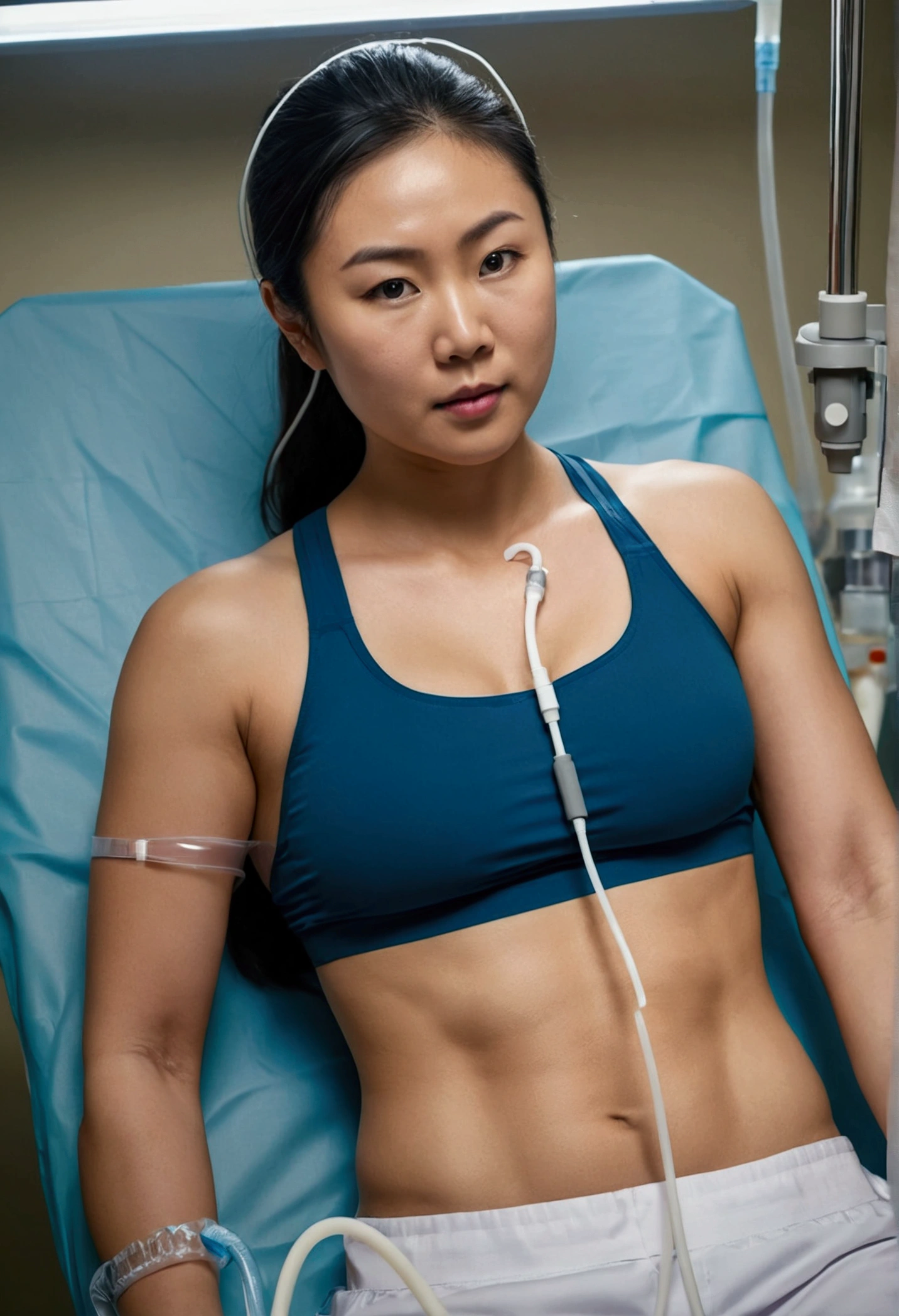 athletic attractive 25 year old asian woman wearing sports bra and long pants and nasal cannula lying flat on operating table in operating room, IV line attached to arm. sweaty muscular arms. . female nurse standing next to her, placing comforting hand on her shoulder