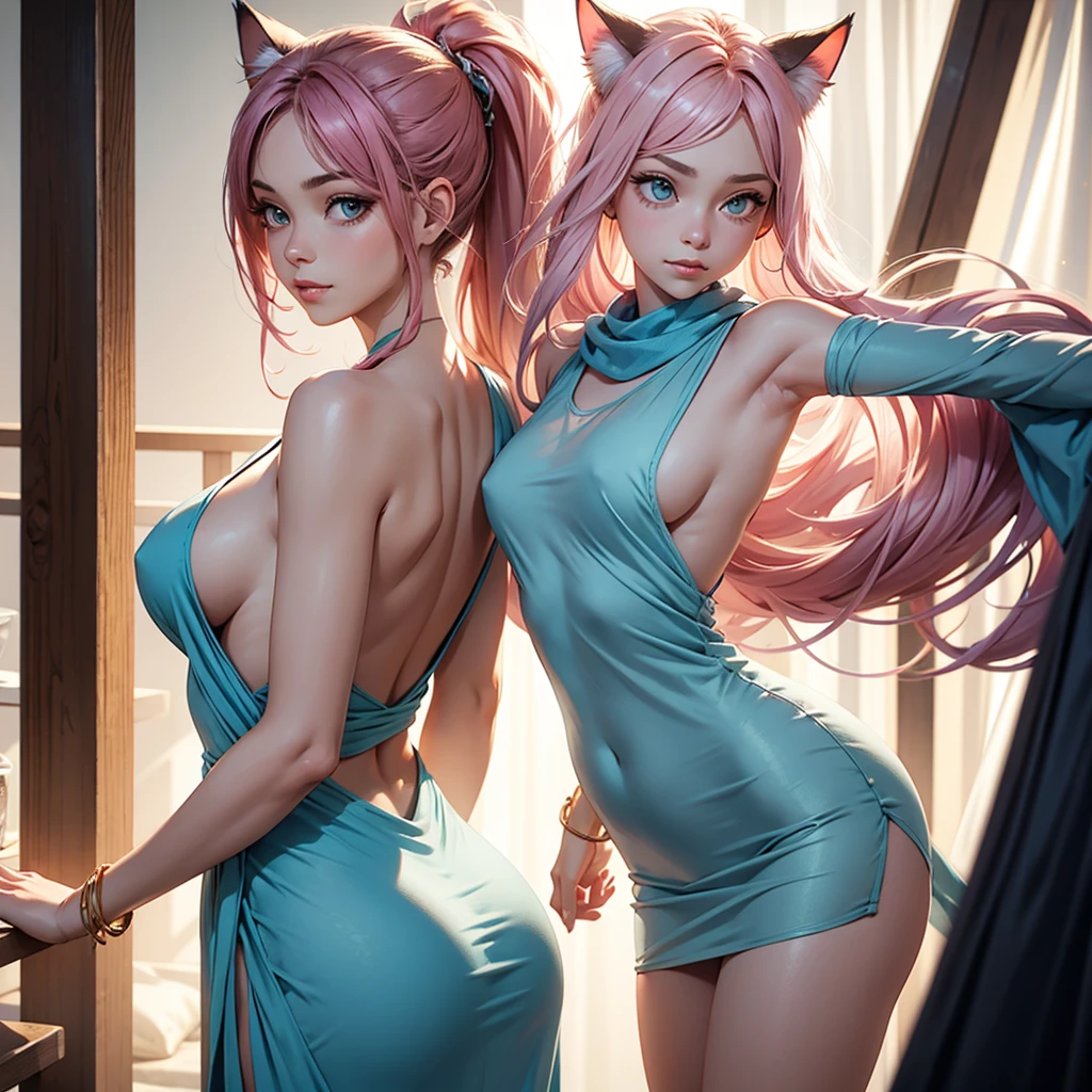 Pose: (best illustration,masterpiece:1.2),ultra-detailed,[(cat ears ,pink inside:1.2), standing with both arms gracefully stretched overhead, fingers slightly splayed or interlaced. Her body should be slightly arched, emphasizing the length and elegance of the stretch.
Expression: Serene and peaceful, with a soft, content smile
Attire: Flowing, comfortable attire such as a light blue dress that complements the stretch.
Hair: Pink Styled naturally, with loose waves, a sleek ponytail, or straight hair cascading down her back.
Makeup: Soft and natural, with a glowing complexion that enhances her features without overpowering them.
Background: A minimalist setting such as a light-filled room, a tranquil outdoor space, or a simple, neutral backdrop that keeps the focus on the pose.
Lighting: Soft, natural lighting, preferably during golden hour, to create a warm glow and highlight the stretch.
Accessories: Minimal, allowing the focus to remain on the graceful pose. Simple jewelry or a delicate bracelet can add a touch of elegance.
Props: Optional, such as a flowing scarf or light fabric that moves with the stretch, adding a sense of fluidity.
Mood: Calm, graceful, and rejuvenated.